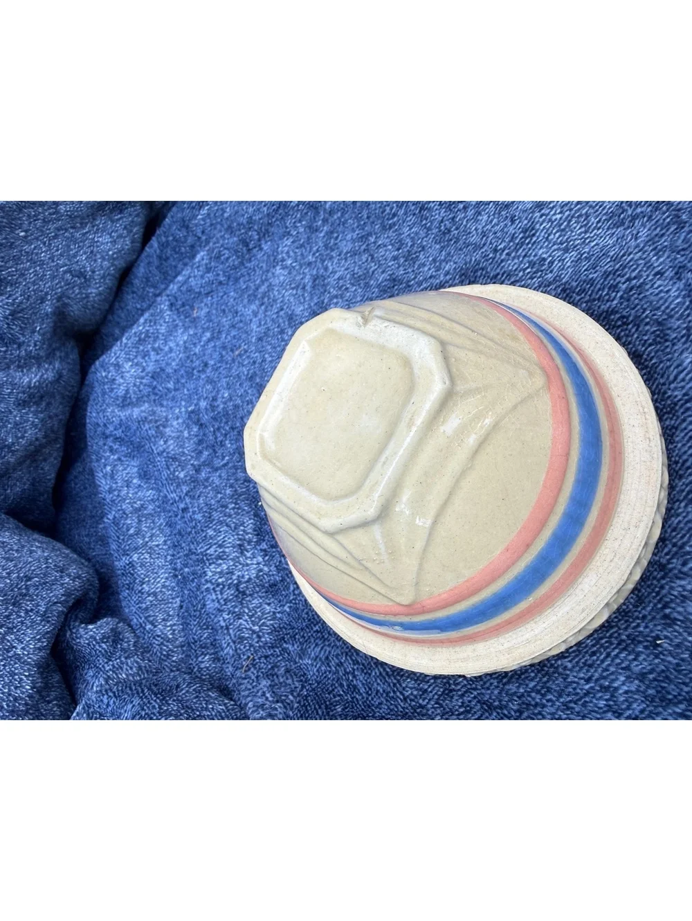 Vintage Ceramic Mixing Bowl with Blue and Pink Stripe Design